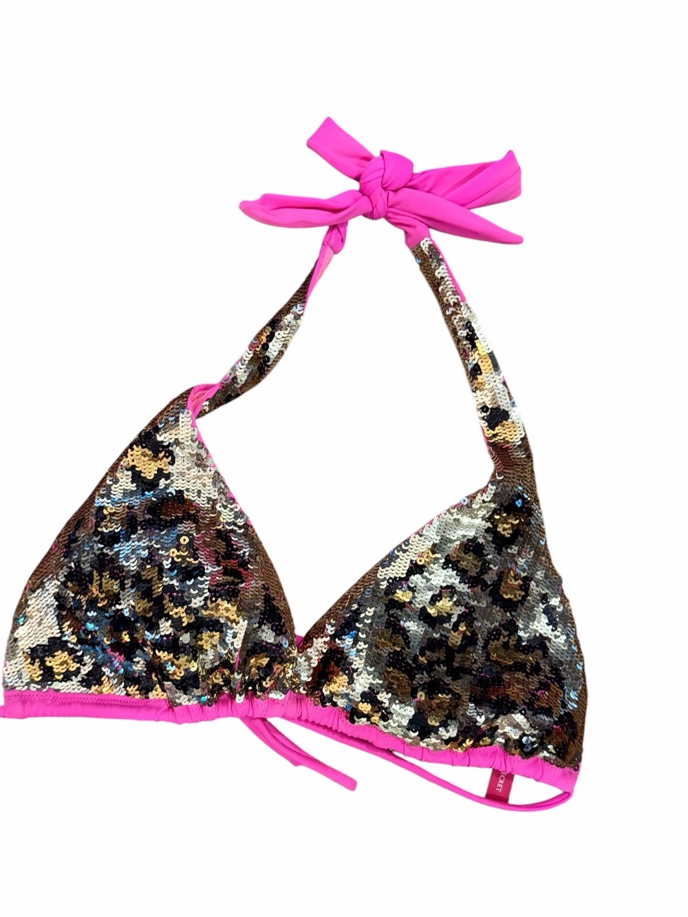 VTG Y2K Victoria’s Secret Pink Cheetah Sequin Bikini Halter Top  Size Medium Tie - Picture 2 of 5